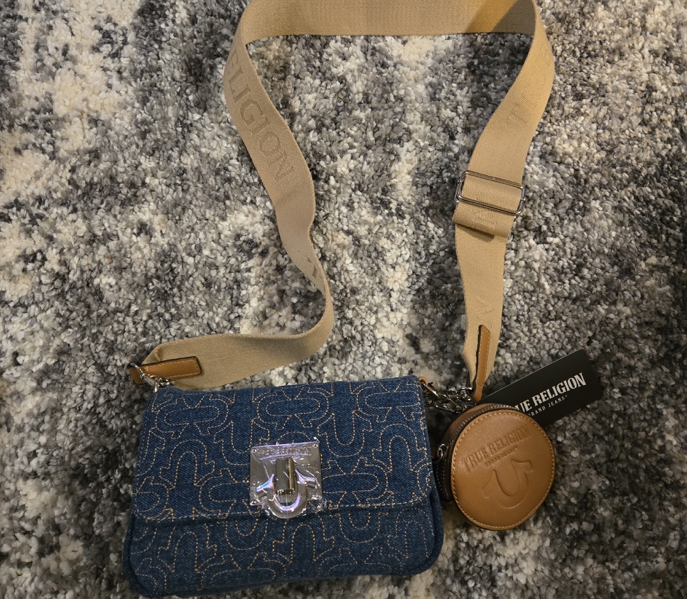 True Religion Denim Blue and Tan Crossbody Bag